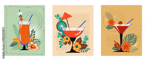 Сoctails with tropical flowers, fruits and leaves, set of three posters. Vector illustration.