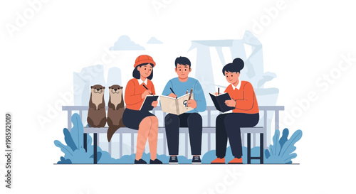 People Reading and Using Devices on Park Bench