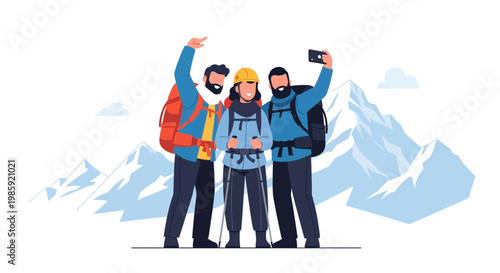 Group of Adventure Hikers Taking Selfie in Mountain Landscape