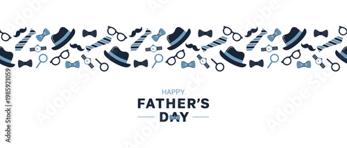 Happy Fathers Day horizontal banner, greeting card with pattern of male accessories.