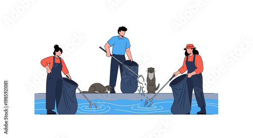 Dog Trainers Working with Assistance Dogs in Water Training Session