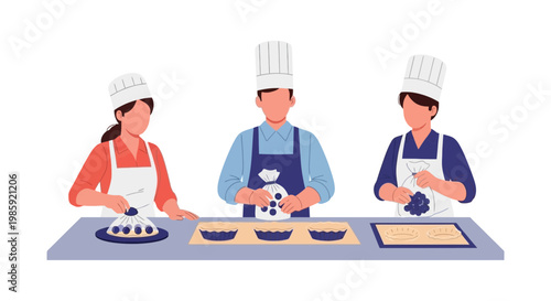 Bakery Chefs Preparing Pastries and Desserts in Kitchen