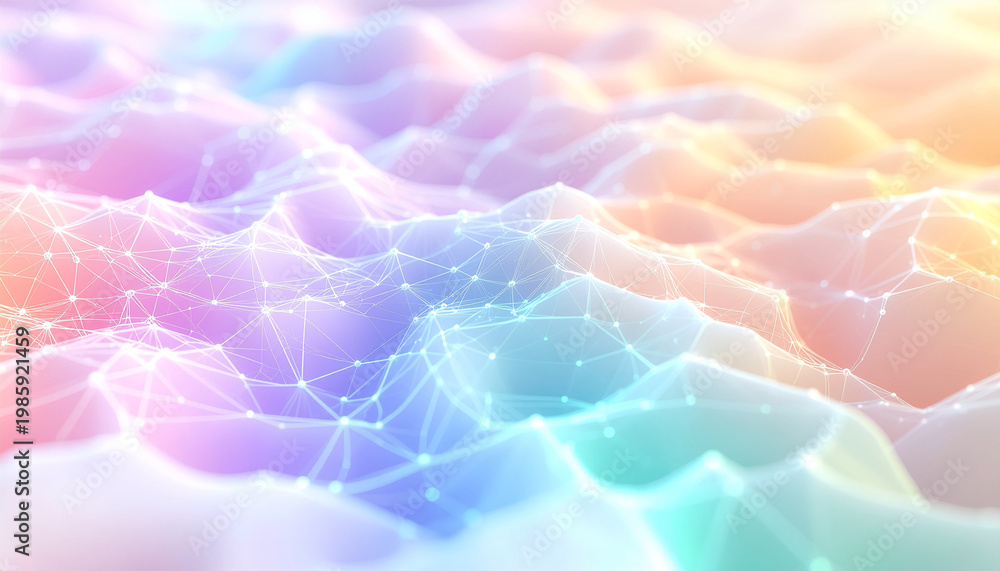 Obraz premium Abstract Digital Network Flowing Across Ethereal Pastel Landscape Background