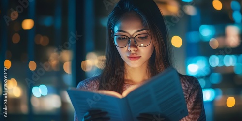 Young Woman Reading Book at Night with City Lights Bokeh