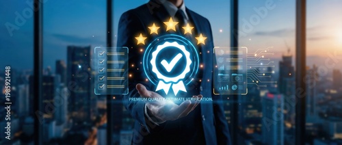 Business professional presenting certification award urban office digital imagery modern environment close-up viewpoint achievement recognition for seo impact