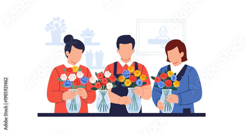 Three women arranging colorful flower bouquets in a floral shop