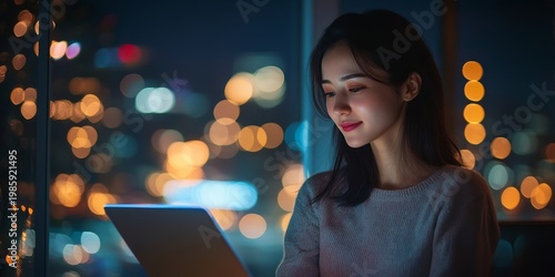 Young Woman Using Tablet with City Lights Bokeh Background