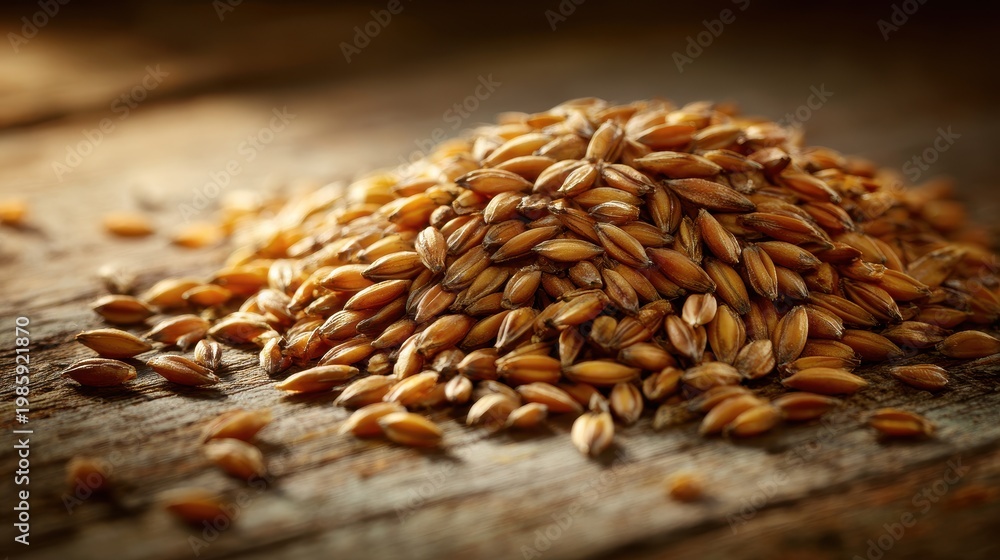 Obraz premium Macro photograph of barley grains with textured wooden background