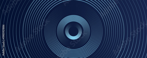 Blue abstract background with glowing circles. Swirl circular lines pattern. Geometric spiral. Twirl element. Modern graphic design. Futuristic technology concept. Vector illustration