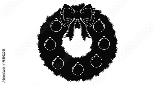Black Christmas wreath with ornaments and bow decoration holiday seasonal vector illustration