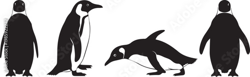 A group of penguin silhouettes in various poses on a white background
