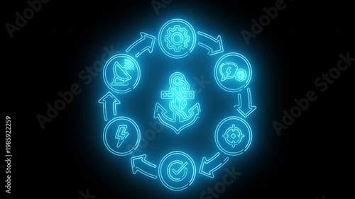 Neon-lit cybersecurity flowchart with threat detected center on black background