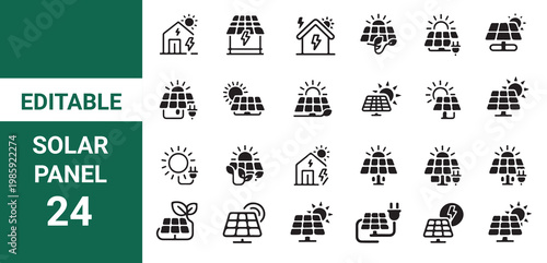 Solar panel icon set. Eco friendly clean energy and sun-powered electricity. Vector illustration.