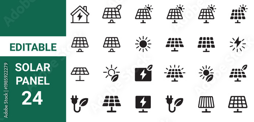 Solar panel icon set. Eco friendly clean energy and sun-powered electricity. Vector illustration.