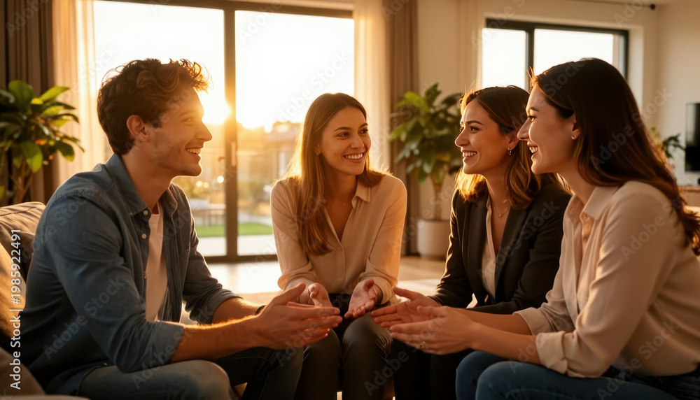 Fototapeta premium A man and three women engage in conversation indoors, smiling and gesturing towards each other. The setting features bright sunlight streaming through large windows.