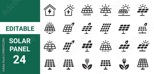 Solar panel icon set. Eco friendly clean energy and sun-powered electricity. Vector illustration.