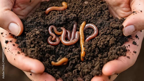 Hands holding rich soil teeming with earthworms, symbolizing growth.