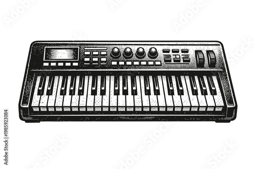 Electronic keyboard with buttons and knobs on a white background