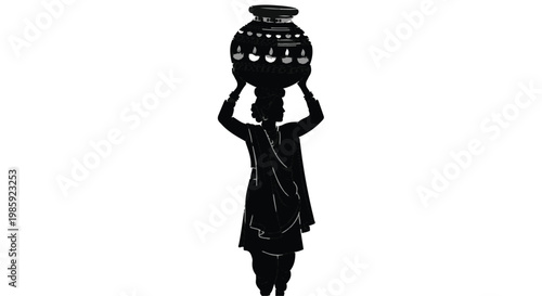 African woman carrying traditional clay pot on head in silhouette, cultural symbol of strength and heritage in black and white