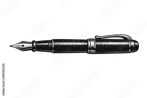 A black and white illustration of a classic fountain pen with a clip on the side, isolated on a white background.