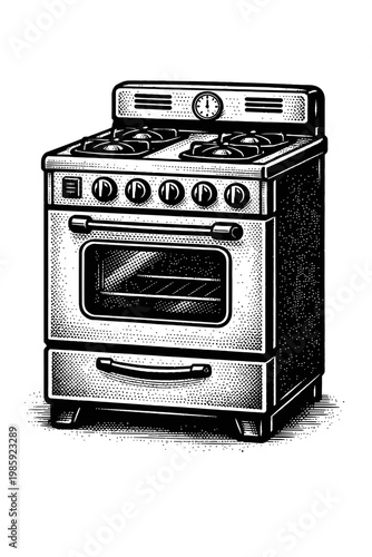 Black and white illustration of a classic gas stove with oven