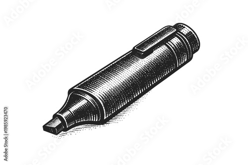 A black highlighter marker on a white background, lying on its side with the tip pointing to the left, in a vintage drawing style.