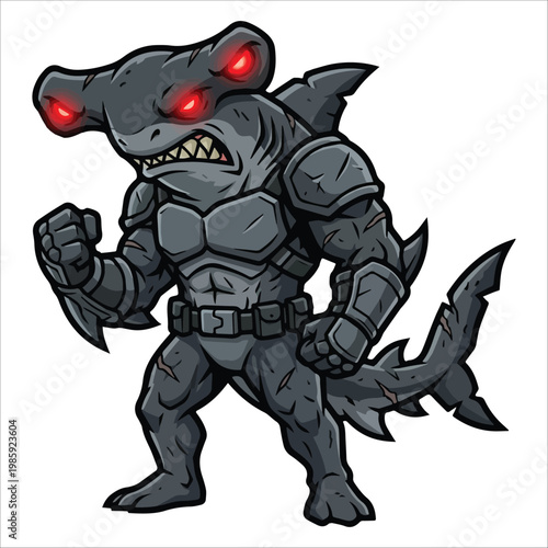Fierce Anthropomorphic Hammerhead Shark Warrior with Glowing Red Eyes and Muscular Build, Dressed in Battle Armor
