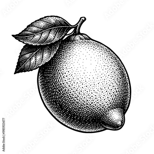 Vintage-style black and white illustration of a lemon with leaves, fresh citrus fruit