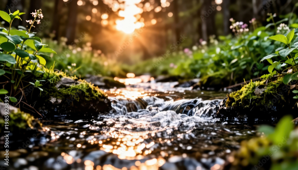 Fototapeta premium A stream flows gently through a forest, catching the sunlight. The sunlight creates a warm glow, illuminating delicate flowers and vibrant greenery along the stream.
