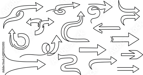Set of Hand Drawn Minimalist One Line Arrow Icons for Infographics, Business Presentation Slides, Web Navigation, and Creative Flowchart Directional Symbols