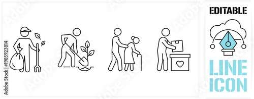 Editable line icon set in a black simple and clean vector customisable outline stroke for social volunteering, community service, elderly care support, tree planting, humanitarian donation box concept