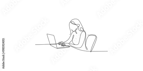 Continuous line drawing of a woman sitting and working on a laptop computer isolated on white background
