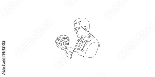A doctor holding a brain in his hand with a stethoscope around his neck