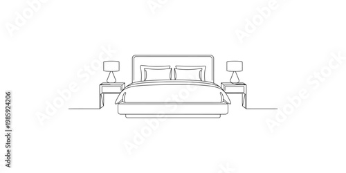 A line drawing of a bed with two nightstands and lamps on either side in a simple minimalist style