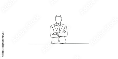A minimalist line drawing of a man in a business suit with his arms crossed standing on a line