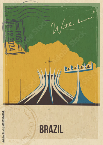 Brazil Attraction Postcard, Cathedral of Brazil, Religious Building Illustration. Vector Template Retro Style Greeting Card with handwriting wish. Postal Imprint, Aged Paper Texture