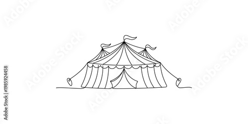 A black line drawing of a circus tent on a white background