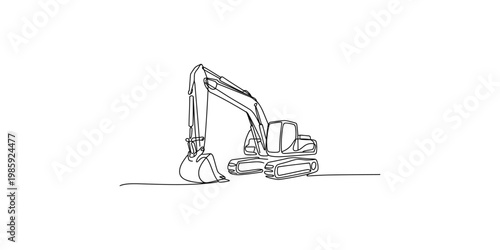 A line drawing of an excavator machine on white background with a bucket