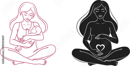 Set of Minimalist One Line Motherhood Illustrations Featuring Pregnant Woman Silhouette and Mother Cradling Newborn Baby for Maternity Healthcare and Parenting Wellness Designs