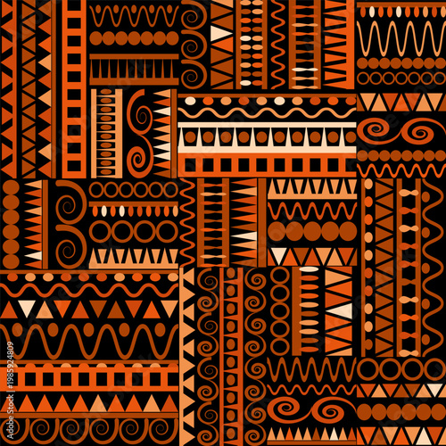 Brown and yellow geometric ornament on black background, seamless pattern. Ethnic style, vector illustration.