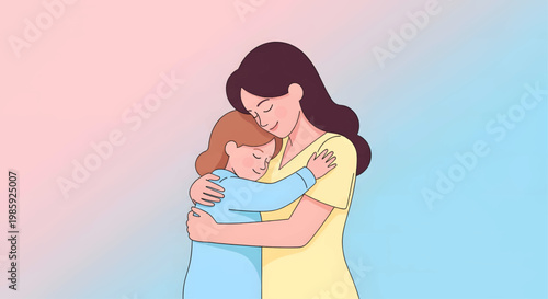 A heartwarming illustration of a mother embracing her daughter, symbolizing love, comfort, and family connection