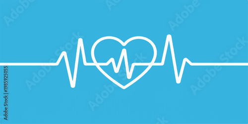 A medical green and blue heartbeat wave on an ECG monitor forms a cardiac heart shape, illustrating a healthy life pulse rate through a stylized vector electrocardiogram graph line
