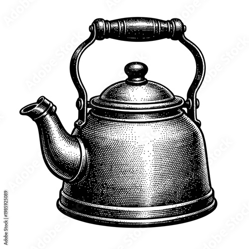 Vintage black and white illustration of a classic metal kettle with a handle and spout on a white background