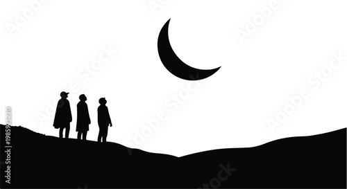 Silhouette of People Sighting the Crescent Moon, Islamic Religious Celebration, Ramadan and Eid Concept