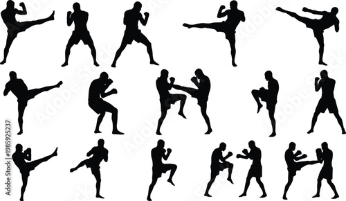 Black silhouette martial arts fighters collection, kickboxing poses illustration, combat sport training design, punching kicking sparring defensive stance vector set