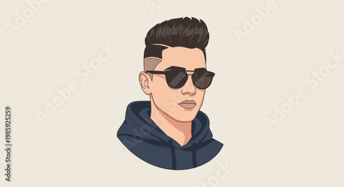 Stylish young man cartoon portrait wearing sunglasses isolated on white background