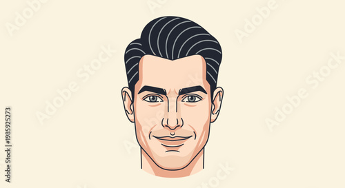 Stylized head portrait illustration with dark hair and smiling expression