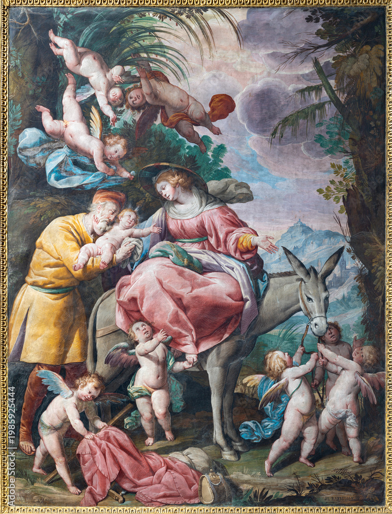Fototapeta premium Crema - The fresco of Repose on the Flight into Egypt in the church Santuario di Santa Maria delle Grazie by Gian Giacomo Barbelli (1641).