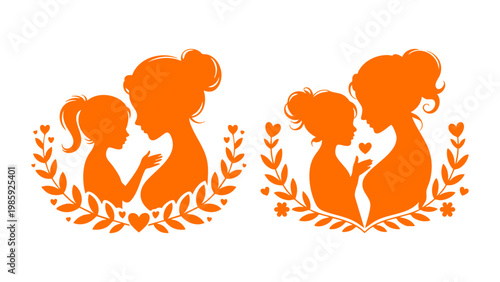 Parenting and family love concept orange silhouette icon, Floral laurel frame with mother and daughter profile art, Mother and daughter silhouette with floral wreath and hearts, Mother's day vector il