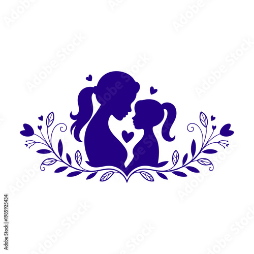 Mother and daughter silhouette with floral wreath and hearts, Happy mother's day greeting card with elegant floral ornament, Motherhood love concept with mother and child profile vector, Decorative bl